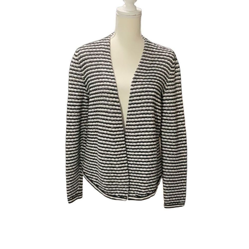 Chicos Black White Open Front Long Sleeve Cardigan Knit Sweater Size 1 US M/L